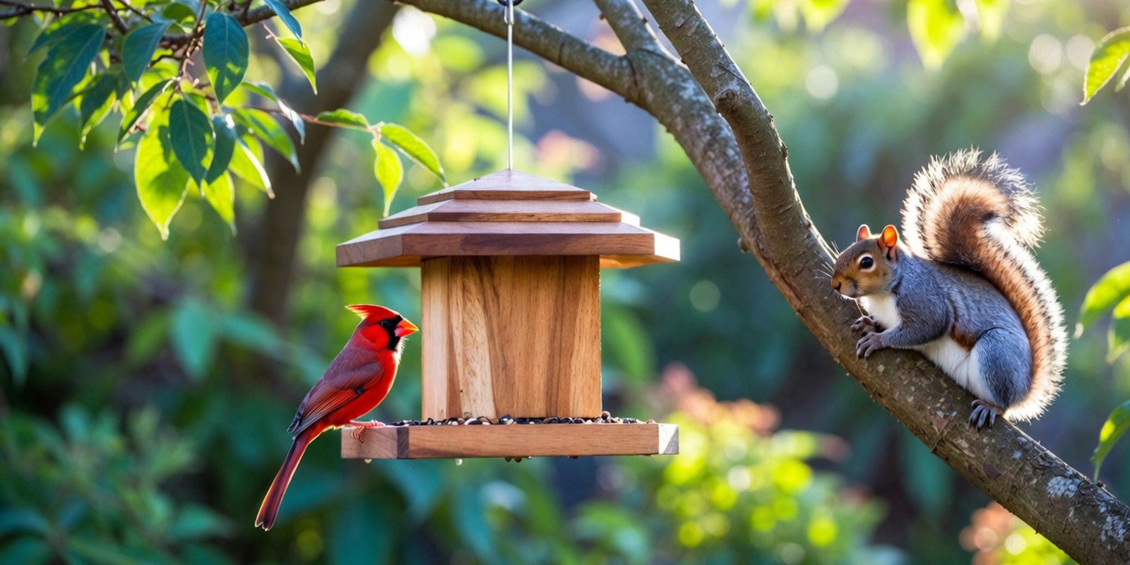 Squirrel proof bird feeder with cardinal feeding while squirrel watches from tree